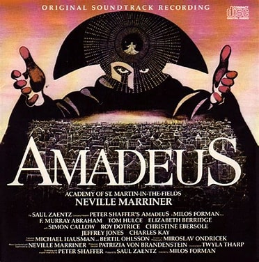 Plenty of impact in the colourful – even garish - sleeve art for the soundtrack of the film ‘Amadeus’, finding room for all the major credits of the production.