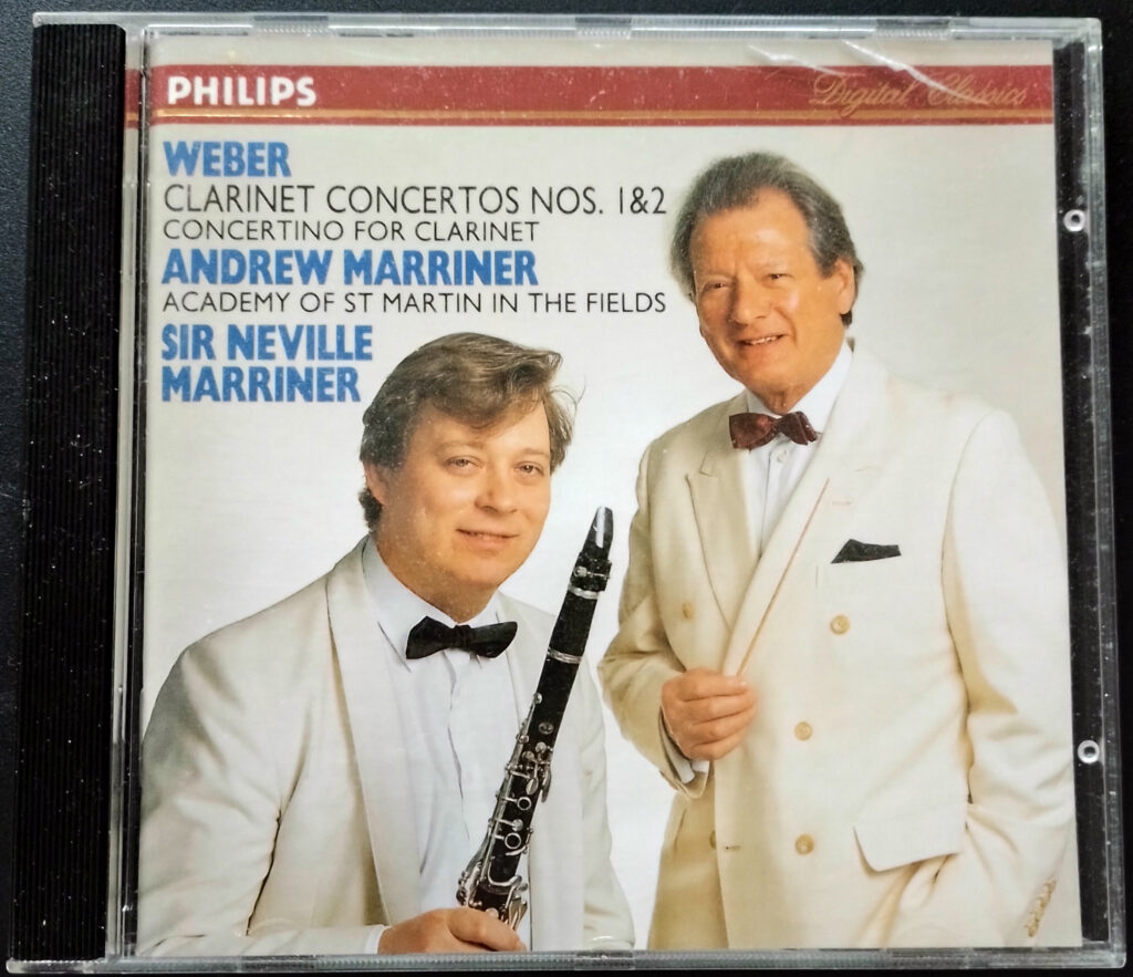 Neville Marriner took great pride in his son Andrew becoming one of classical music’s leading clarinet players (including being first-choice for the Academy for 30 years); here they are in summer concert clothes on the Philips CD case for concertos by Weber, released in 1992.