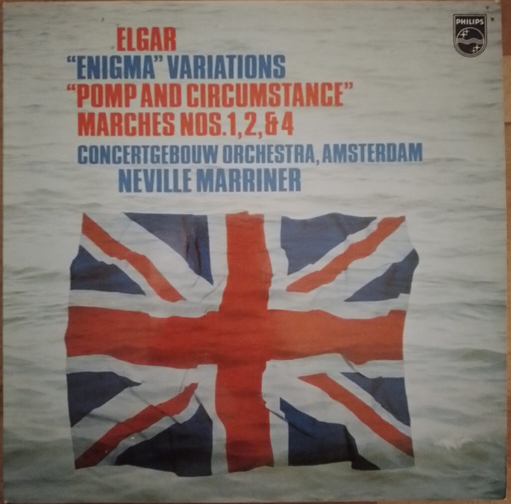 A Philips LP sleeve for Neville Marriner conducting the Concertgebouw Orchestra, Amsterdam in music by Elgar, featuring a ‘wind-blown’ Union Jack.