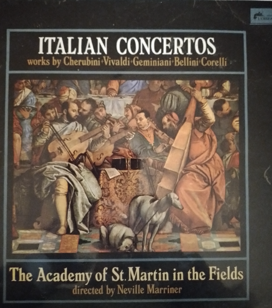 A colourful (but un-credited) painting of musicians of the Italian renaissance adorns the sleeve of the Academy’s fourth LP for L’Oiseau-Lyre, with the band ‘directed by Neville Marriner’.