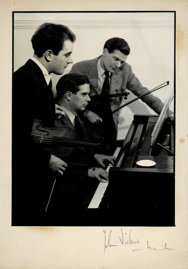 Three leading young chamber musicians of the 1950s: Alan Loveday and Neville Marriner (violinists) with Antony Hopkins at the piano; a trio formed largely for music club consumption in those days.